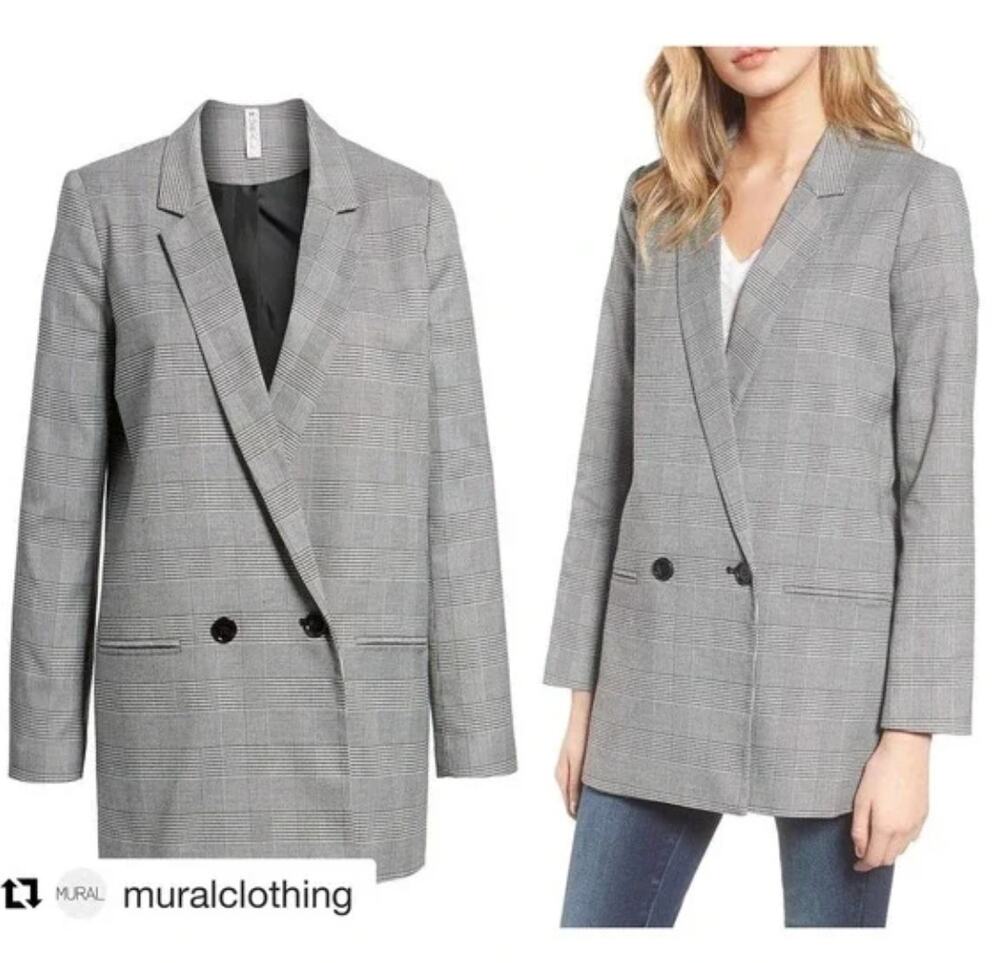 Retro Mural Black White Houndstooth Double Breasted Blazer Jacket M Long Line